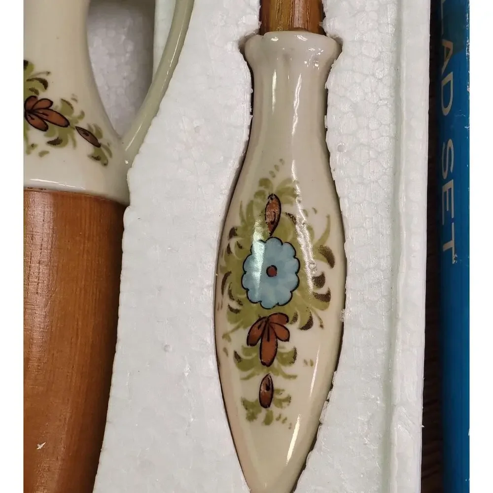 Vintage 6 Pc Salad Set Japan Wood Ceramic Kresge Oil Vinegar Salt Pepper MCM